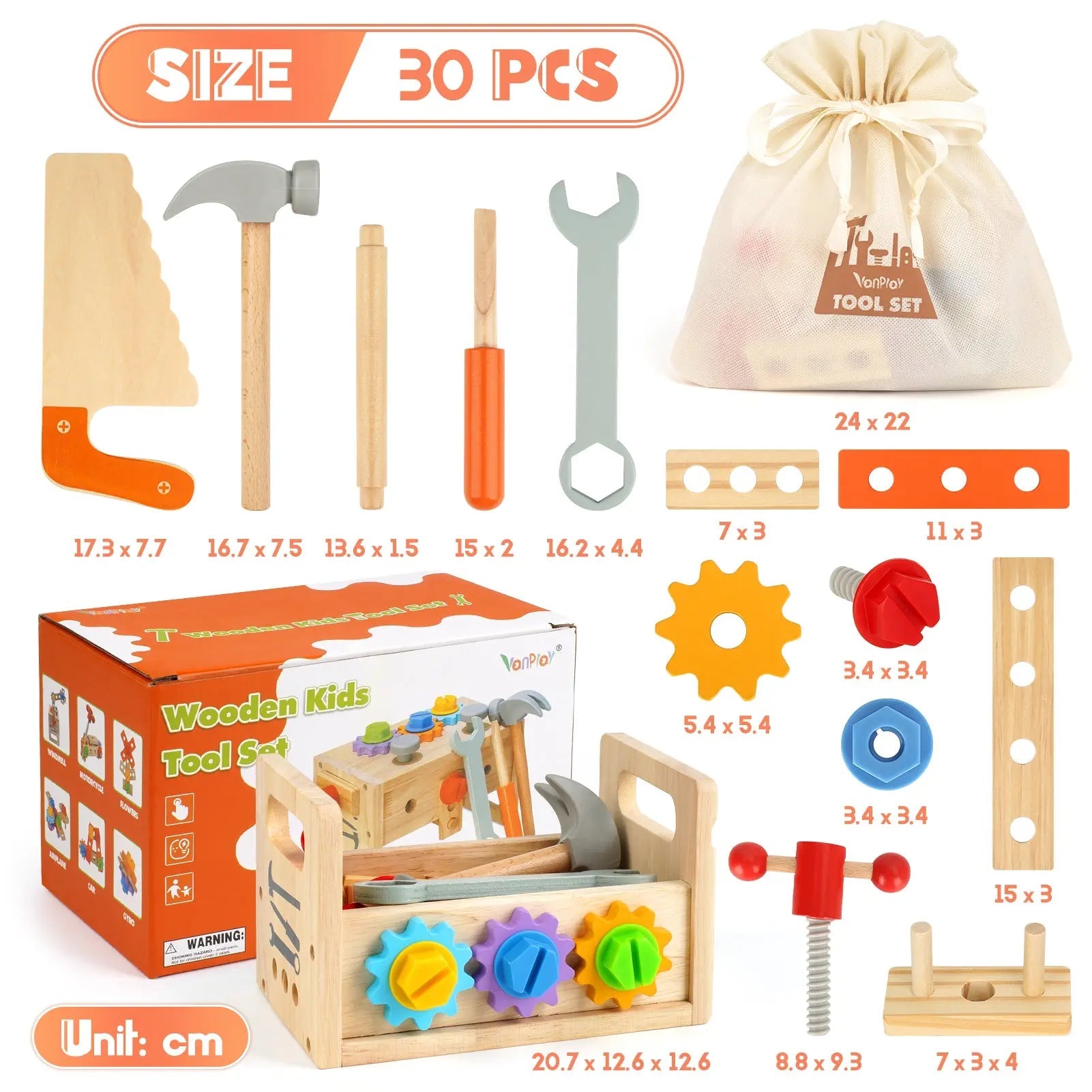 Fidtoy Wooden Tool Set for Kids 30 Piece Pretend Play Construction Toy for Toddlers