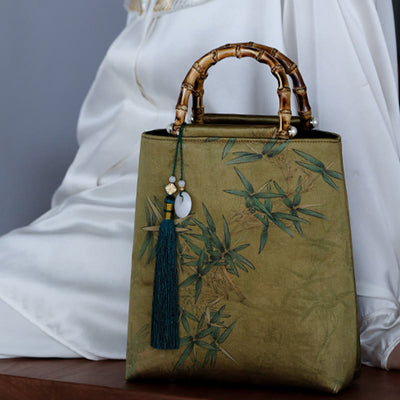 Buddha Stones Yellow Green Bamboo Leaves Bamboo Handles Handbag Handbags BS 13