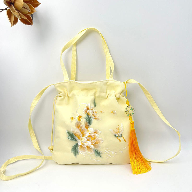 Buddha Stones Lotus Peony Epiphyllum Phoenix Suzhou Embroidery Cotton Linen Tote Crossbody Bag Shoulder Bag Handbag Crossbody Bag BS Yellow Golden Peony 21*22cm