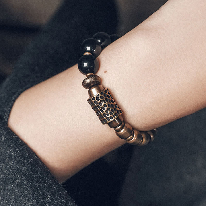 Buddha Stones Lava Rock Stone Rainbow Obsidian Copper Support Healing Bracelet Bracelet BS 15