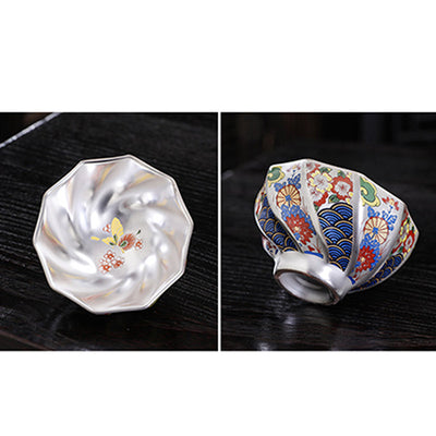 Buddha Stones 999 Sterling Silver Gilding Chrysanthemum Flowers Ceramic Teacup Kung Fu Tea Cup Cup BS 17