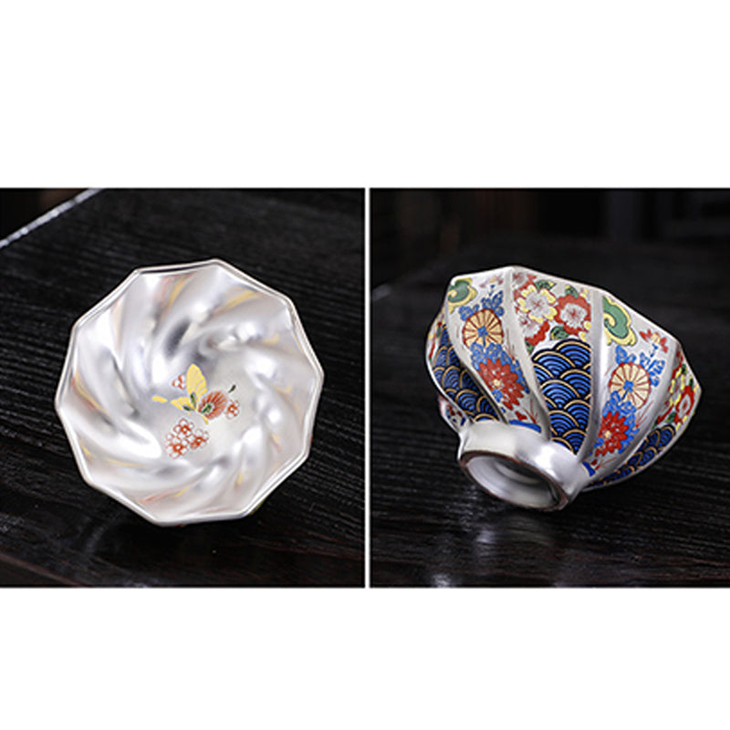 Buddha Stones 999 Sterling Silver Gilding Chrysanthemum Flowers Ceramic Teacup Kung Fu Tea Cup Cup BS 17