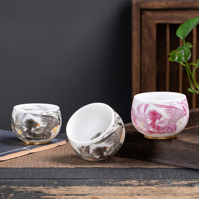 Buddha Stones Phoenix White Porcelain Ceramic Teacup Kung Fu Tea Cup 185ml With Gift Box Cup BS 9