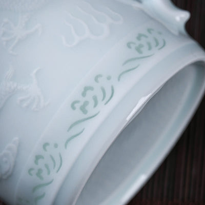 Buddha Stones Jingdezhen Linglong Porcelain Auspicious Dragon Phoenix Boat Smooth Sailing Ceramic Teacup Office Tea Cups 420ml Cup BS 4