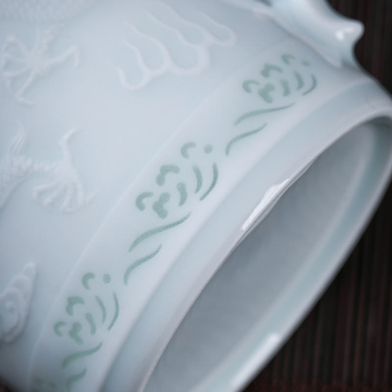 Buddha Stones Jingdezhen Linglong Porcelain Auspicious Dragon Phoenix Boat Smooth Sailing Ceramic Teacup Office Tea Cups 420ml Cup BS 4