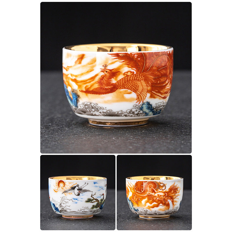 Buddha Stones Dragon Phoenix Crane Sun Ocean Waves Gilt Ceramic Teacup Kung Fu Tea Cup 170ml Cup BS 13