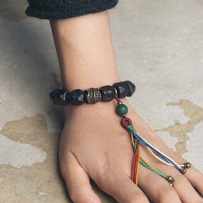 Buddha Stones Tibet Ebony Wood Copper Peace Tassel Wrist Mala Bracelet Wrist Mala BS 4