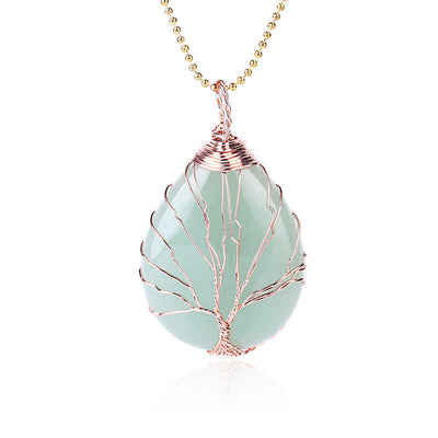 Buddha Stones Natural Quartz Crystal Tree Of Life Healing Energy Necklace Pendant Necklaces & Pendants BS Green Aventurine Rose Gold Tree