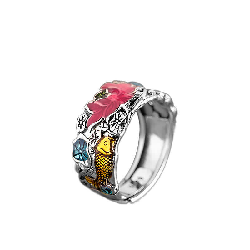 Bague Foviel en argent sterling 925 motif lotus et poisson koï, symbole d'éveil
