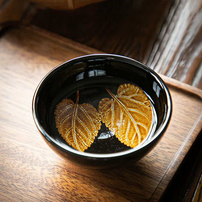 Buddha Stones Gold Maple Leaf Chinese Jianzhan Ceramic Teacup Tenmoku Kung Fu Tea Cup Bowl Jian Zhan Tea Cup BS 2