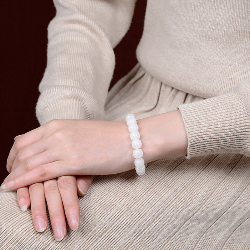 Buddha Stones Hetian White Jade Happiness Blessing Bracelet Bracelet BS 2