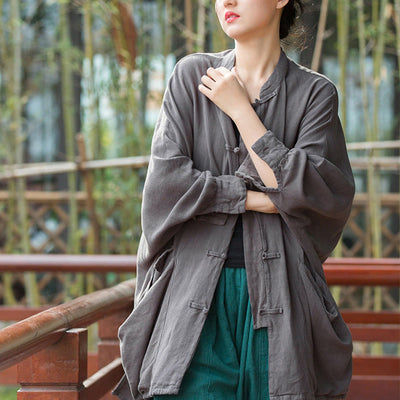 Buddha Stones Frog-Button Long Sleeve Zen Meditation Open Front Jacket With Pockets 16