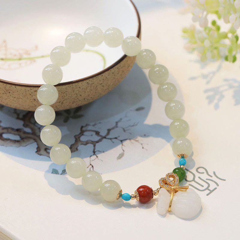 Buddha Stones Natural Hetian White Jade 14K Gold Plated Money Bag Blessing Bracelet Bracelet BS 1