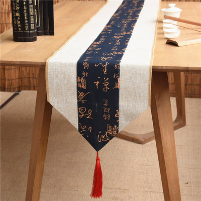 Buddha Stones Classic Chinese Style Lotus Koi Fish Flower Crane Calligraphy Enlightenment Cotton Linen Tassels Table Runner Table Runner BS 36