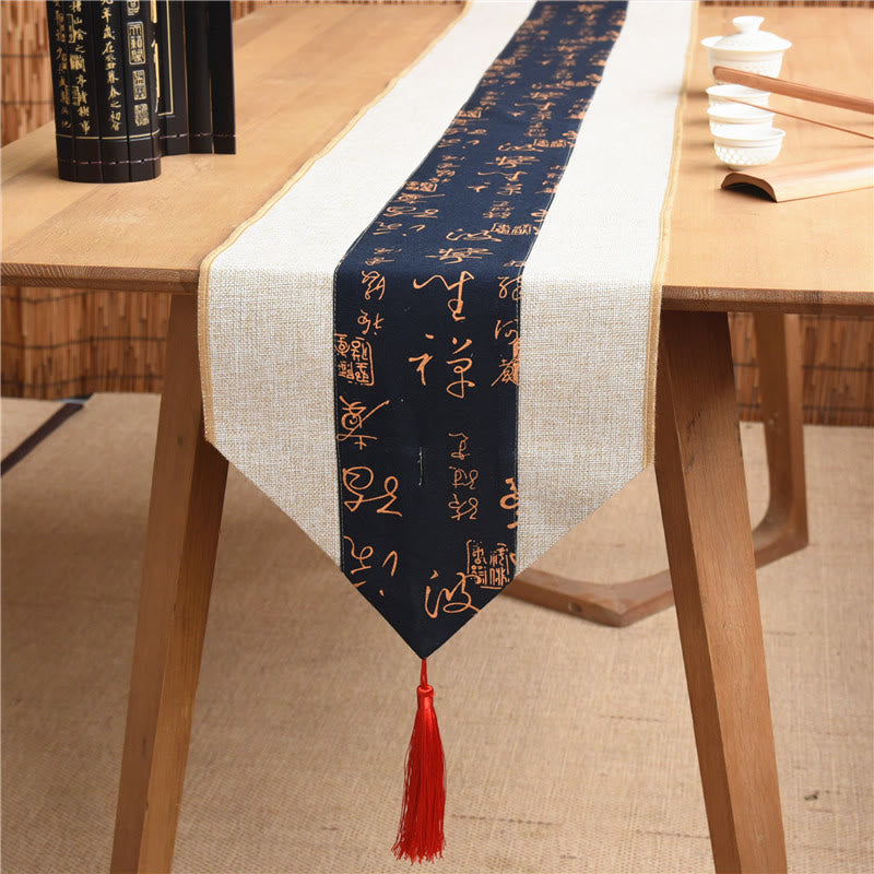 Buddha Stones Classic Chinese Style Lotus Koi Fish Flower Crane Calligraphy Enlightenment Cotton Linen Tassels Table Runner Table Runner BS 36
