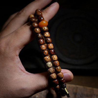 Buddha Stones Tibetan Bodhi Seed Amber Dzi Bead Agate Zakiram Goddess of Wealth Beads Triple Wrap Bracelet Bracelet BS 5