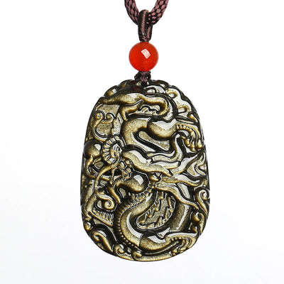 Buddha Stones Gold Sheen Obsidian Dragon Pattern Success Necklace Pendant Necklaces & Pendants BS 5