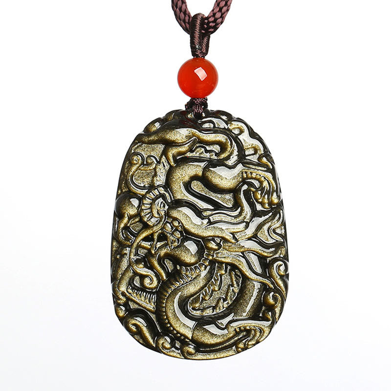 Buddha Stones Gold Sheen Obsidian Dragon Pattern Success Necklace Pendant Necklaces & Pendants BS 5