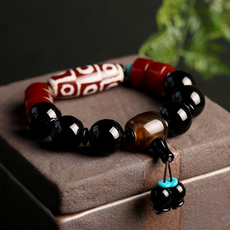 Buddha Stones Tibetan Nine-Eye Dzi Bead Black Onyx Wealth Protection Bracelet Bracelet BS 7