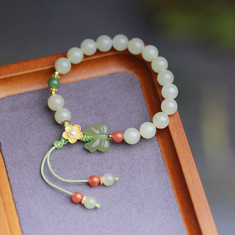 Buddha Stones 925 Sterling Silver Jade Luck Flower Butterfly Bracelet Bracelet BS 12