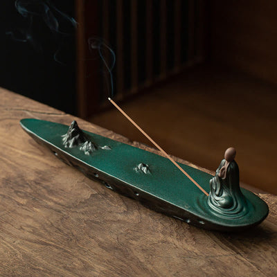 Buddha Stones Buddha Monk Ceramic Sea Wave Mountain Blessing Incense Burner Decoration Incense Burner BS Green 32*6.6*8cm