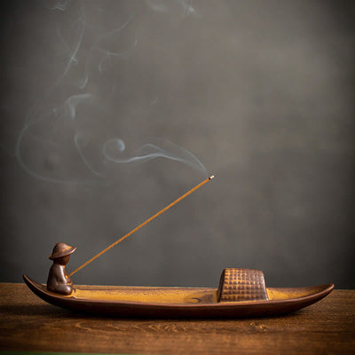 Buddha Stones A Lonely Fisherman Afloat Ceramic Healing Incense Burner Incense Burner BS 5