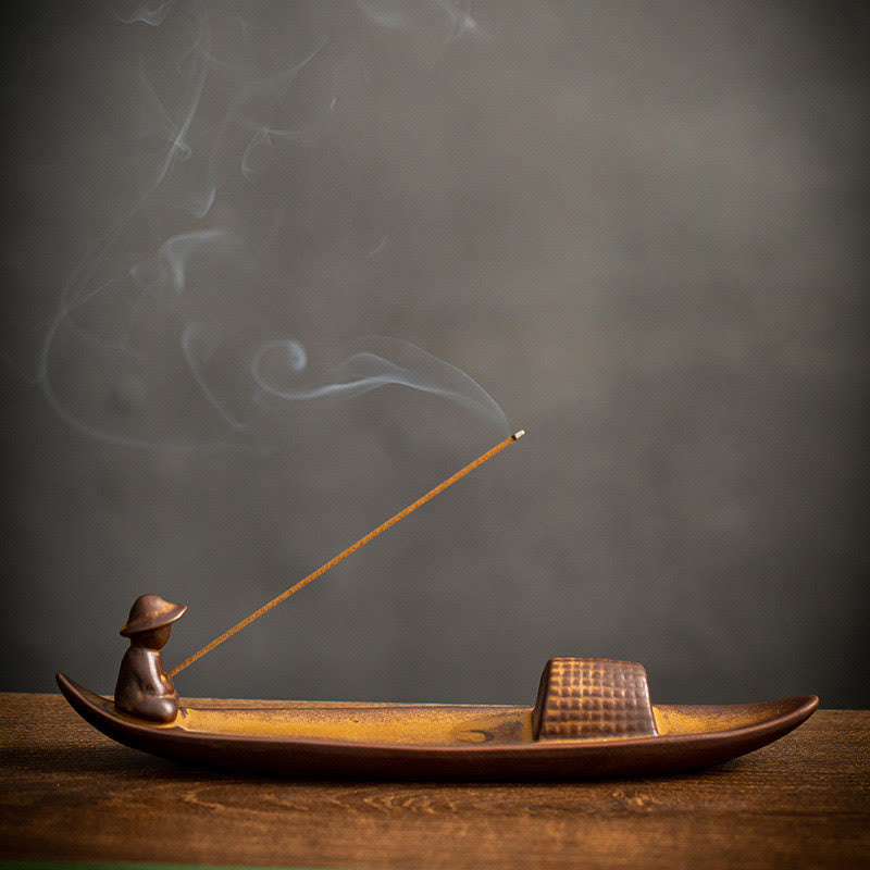 Buddha Stones A Lonely Fisherman Afloat Ceramic Healing Incense Burner Incense Burner BS 5