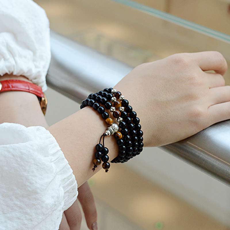 Buddha Stones Black Obsidian Tiger Eye Blessing Mala Bracelet Mala Bracelet BS 2