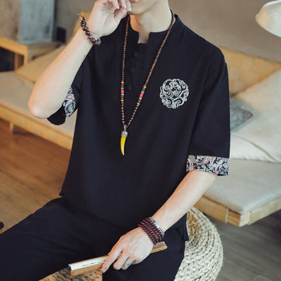 Buddha Stones Frog-Button Dragon Embroidery Chinese Tang Suit Short Sleeve Shirt Linen Men Clothing Men's Shirts BS 32