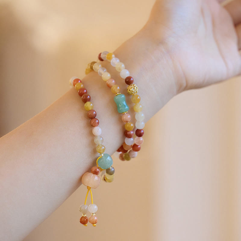 Buddha Stones Natural Golden Silk Jade Pumpkin Charm Wealth Luck Triple Wrap Bracelet Bracelet BS 4
