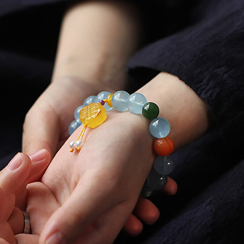 Buddha Stones Natural Aquamarine Amber Chinese Knotting Charm Peace Bracelet Bracelet BS 2