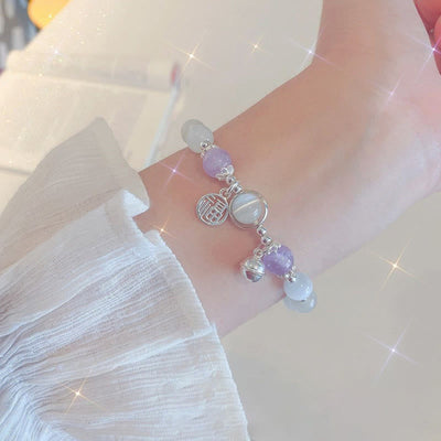Buddha Stones Cat's Eye Amethyst Fu Character Bell Charm Support Bracelet Bracelet BS 1