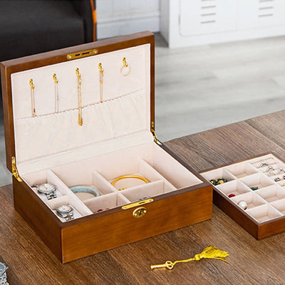 Buddha Stones Vintage Wooden Jewelry Box Two-Layer Solid Wood Jewelry Storage Box Jewelry Box BS 8