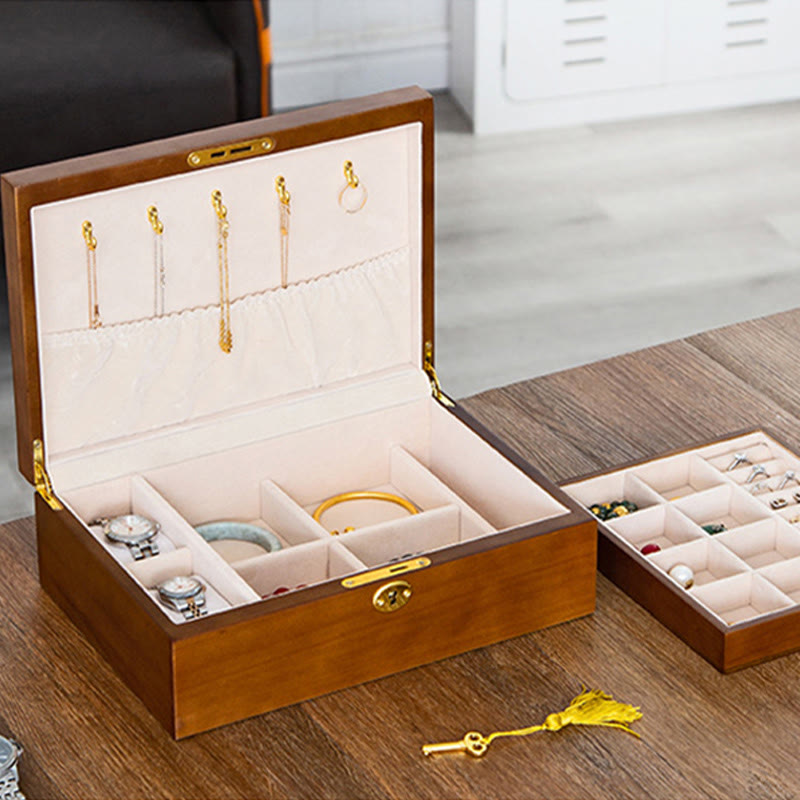 Buddha Stones Vintage Wooden Jewelry Box Two-Layer Solid Wood Jewelry Storage Box Jewelry Box BS 8