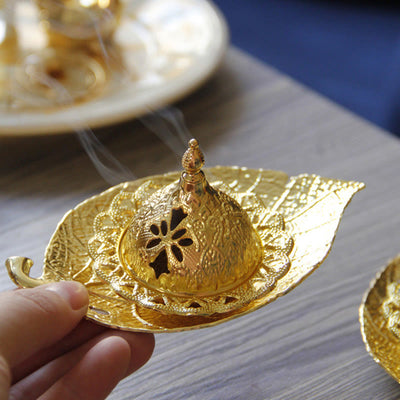 Buddha Stones Tibetan Gold Mini Leaf Coaster Meditation Incense Burner Incense Burner BS 3