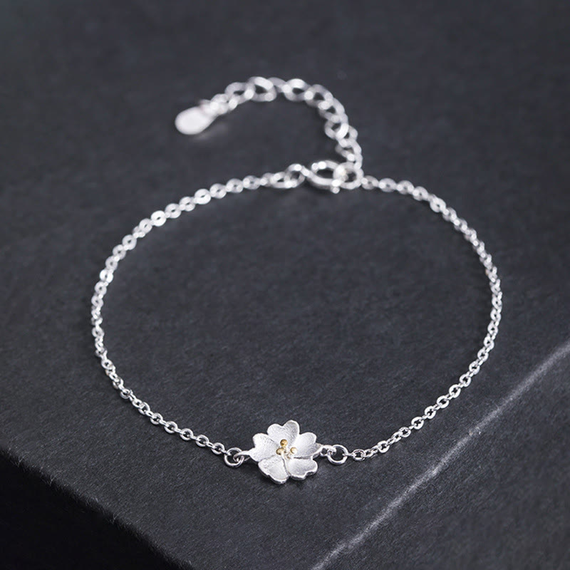 Buddha Stones 925 Sterling Silver Cherry Blossom Blessing Chain Bracelet Bracelet BS 925 Sterling Silver