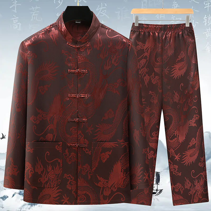 Buddha Stones Tang Suit Men Hanfu Chinese Dragon Traditional Clothes Kung Fu Shirt Uniform Long Sleeved Coat Tops and Pants Clothing Men's Set - Brown - US/UK/AU42，EU52 (3XL) - image 3