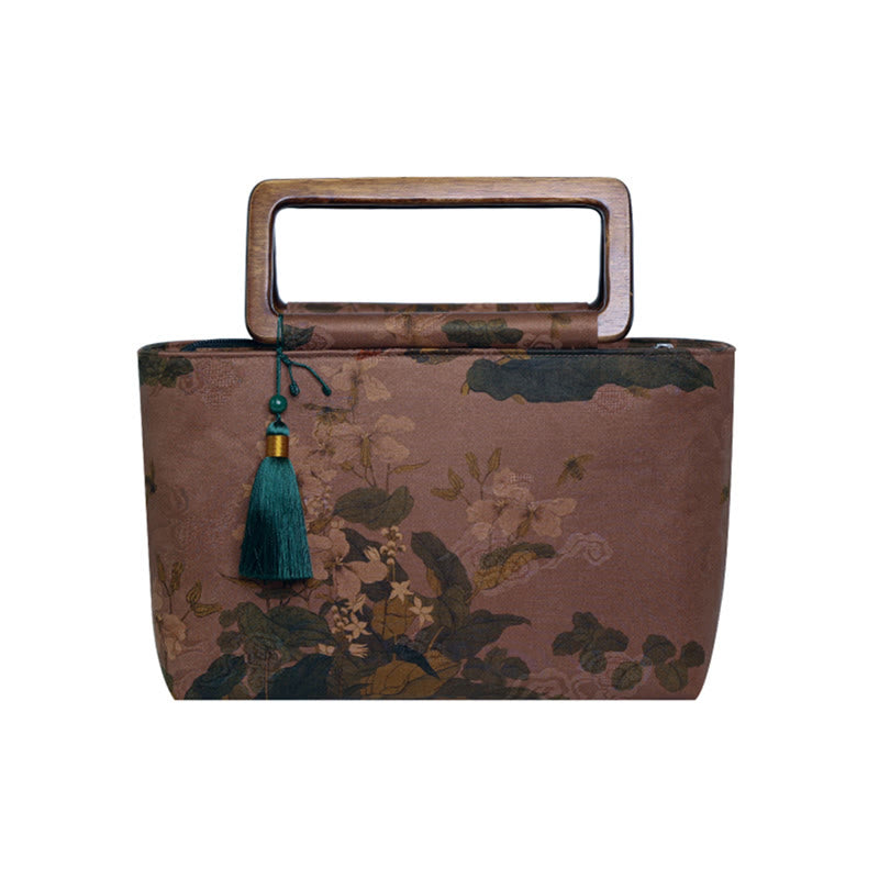 Buddha Stones Vintage Brown Flowers Green Bamboo Leaves Wood Handles Zipper Handbag Handbags BS 13