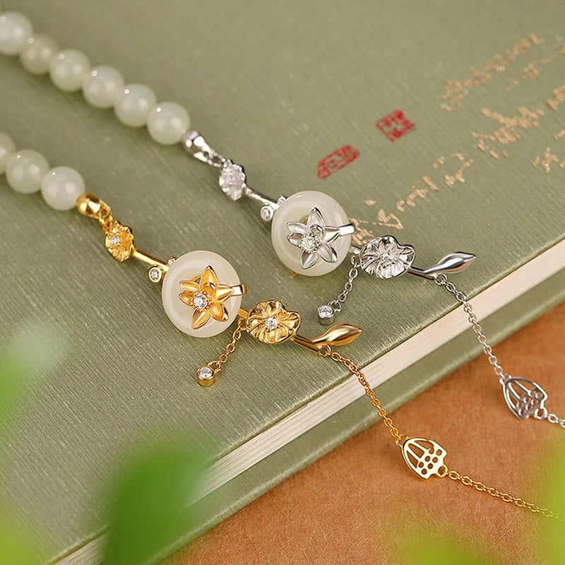 Buddha Stones 925 Sterling Silver Hetian Jade Peace Buckle Lotus Luck Chain Bracelet Bracelet BS 1