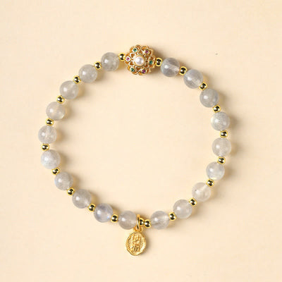 Buddha Stones 14K Gold Plated Natural Strawberry Quartz Labradorite Sun Stone Fu Character Positive Charm Bracelet Bracelet BS Labradorite(Wrist Circumference 15-16cm)