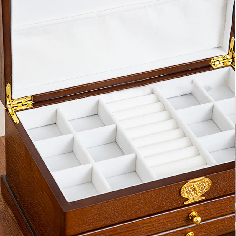 Buddha Stones Retro Wooden Jewelry Box Three-Layer Jewelry Storage Box Jewelry Box BS 7