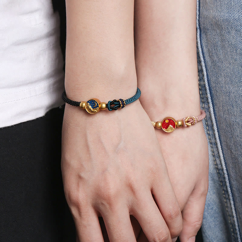 Buddha Stones Handmade Mountain and Sea Engraved Luck Two-Color String Couple Bracelet Bracelet BS 3