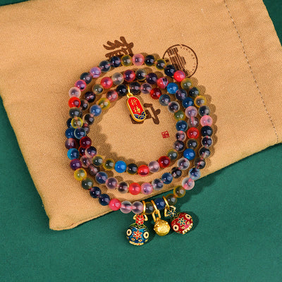 Buddha Stones Colorful Candy Agate Gold Swallowing Beast Family Strength Charm Triple Wrap Bracelet Bracelet BS 2