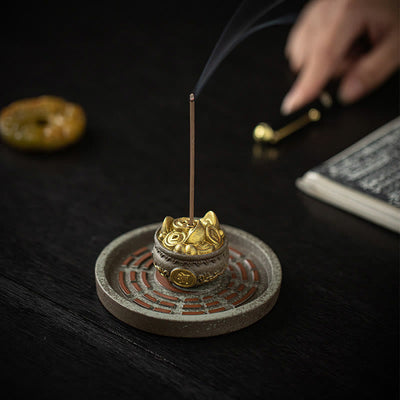 Buddha Stones Small Treasure Bowl Lucky Bag Bagua Tray Healing Ceramic Stick Incense Burner Decoration Incense Burner BS Brown Treasure Bowl Bagua Tray 10.1*10.1*3.2cm