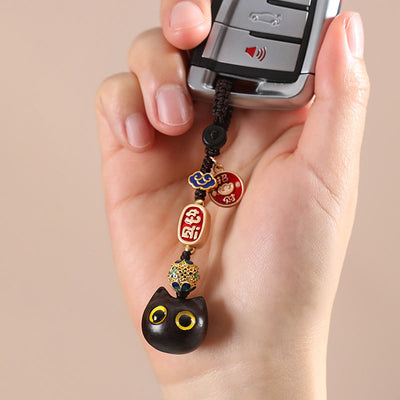 Buddha Stones Ebony Wood Lucky Cat Auspicious Cloud Peace Key Chain Phone Hanging Decoration Key Chain BS 4