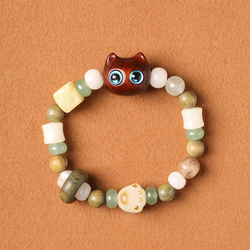 Bracelet de paix Foviel avec tête et patte de chat en graine de Bodhi, bois de santal vert, bois d'ébène et bois de santal rouge à petites feuilles
