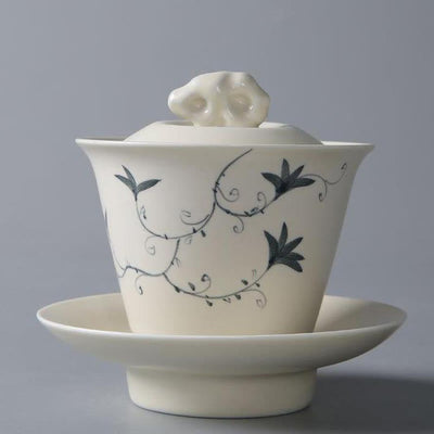 Buddha Stones Hand Painted Pomegranate Hibiscus Pine Lotus Ceramic Gaiwan Sancai Teacup Kung Fu Tea Cup And Saucer With Lid Cup BS 9*10cm*170ml Lotus