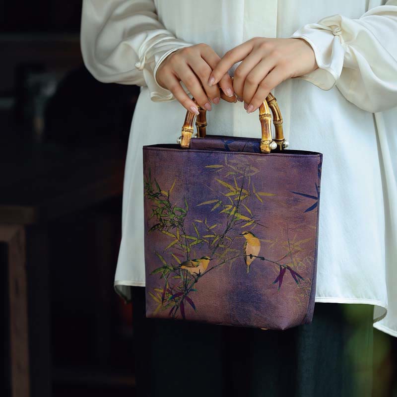 Buddha Stones Purple Magpie Birds Branches Bamboo Handles Handbag Handbags BS 12