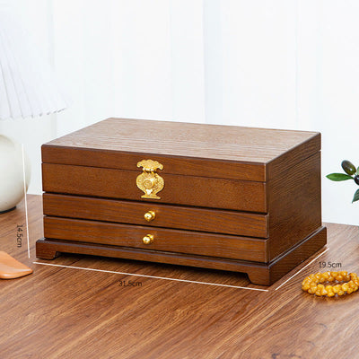 Buddha Stones Retro Wooden Jewelry Box Three-Layer Jewelry Storage Box Jewelry Box BS 13