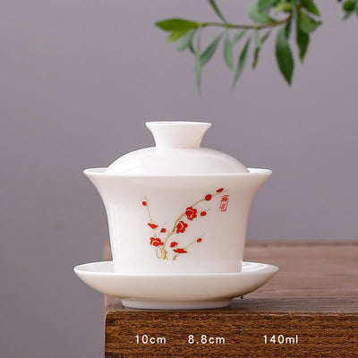 Buddha Stones White Porcelain Mountain Landscape Countryside Ceramic Gaiwan Teacup Kung Fu Tea Cup And Saucer With Lid Cup BS Long Cup-Plum Blossom(8.8cm*10cm*140ml)
